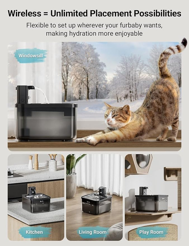 DownyPaws Cat Water Fountain Stainless Steel Cordless, 84oz/2.5L Fursink Wireless Pet Water Fountains for Cats Indoor, Battery Operated Cat Drinking Fountain, BPA-Free, Black with 6 Filters