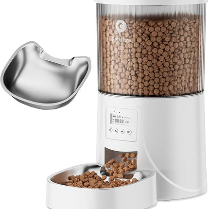Automatic Cat Feeder: 4L Timed Cats Food Dispenser Programmable 1-6 Meal for Cat and Small Medium Dog- Auto Pet Feeder Dual Power Supply with Stainless Steel& | Detachable Washable White