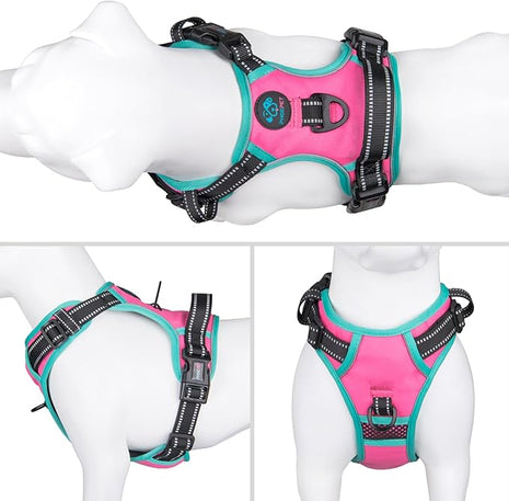 PHOEPET 2019 Upgraded No Pull Dog Harness, Reflective Adjustable Vest, with a Training Handle + 2 Metal Leash Hooks+ 3 Snap Buckles +4 Slide Buckles(L, Pink)