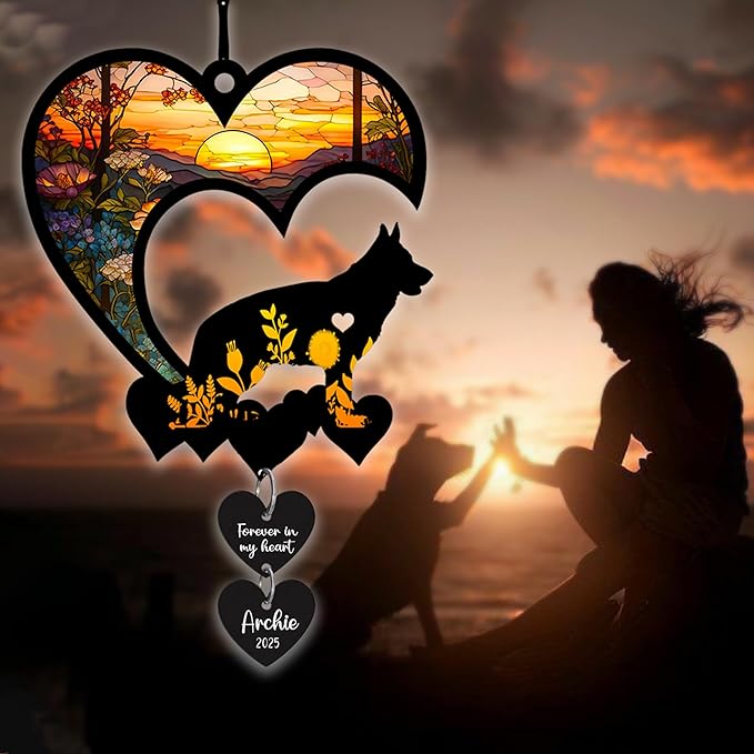 LOVELYPOD Personalized Dog Memorial Suncatcher, Custom Pet Memorial Gifts for Loss of Dog, SunCatcher Gift for Someone Who Lost a Pet, Dogs Remembrance Stained Glass, Hanging Garden Decor with Heart