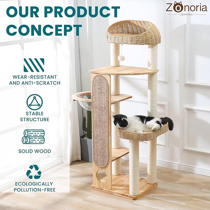 59-inch Cat Tree，Cat Tower with Scratching Post,Extra Long Sisal Blanket, Handwoven Basket & Space Capsule Nest