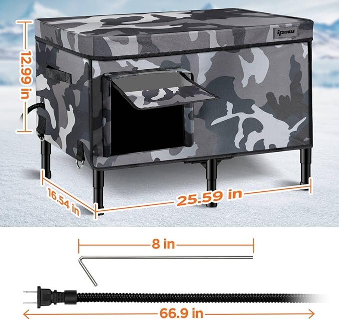 IPOW Extra Large Heated Cat House for Outside 6 Layers Ultra Sturdy Cat Houses for Outdoor Cats, 100% Waterproof with 900D Oxford Fabric & Fully Insulated Weatherproof Heated Plush Pad