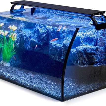 hygger Horizon 8 Gallon LED Glass Aquarium Kit for Starters with 7W Power Filter Pump, 18W Colored led Light, Wide View Curved Shape Fish Tank with Undetachable 3D Rockery Background Decor