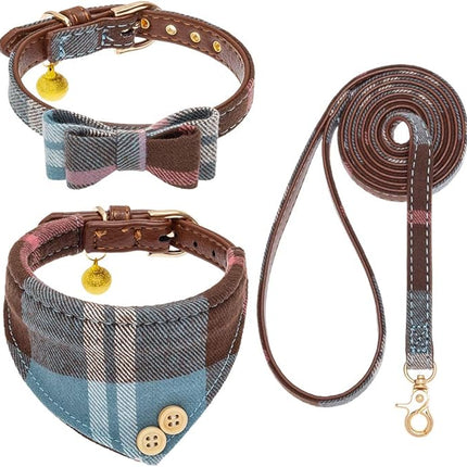 EXPAWLORER Dog Collar and Leash Set - Classic Plaid Dog Bow Tie and Dog Bandana Collar with Bell, Dog Leash Tangle Free, Adjustable Collars for Small Medium Large Dogs Cats, Holiday Ideal Gift