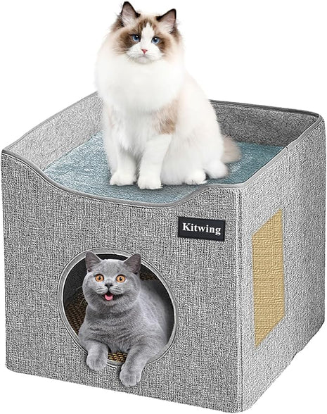Cat Bed for Indoor Cats, Foldable Cat Hideaway Double Decker Cat House with Scratch Plate, Removable Cat Stuff and Washable Cat Cave for 1-2 Cats, 15.4x15.4x12.8 inches, Grey