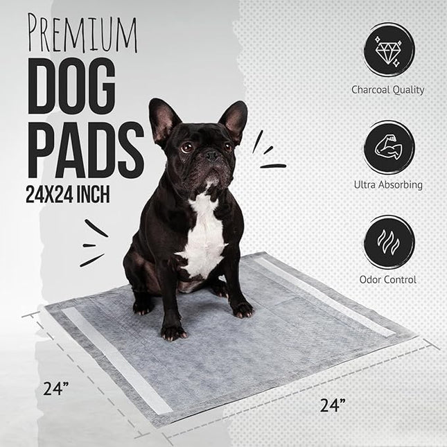 Bulldoglogy Carbon Black Puppy Pee Pads with Adhesive Sticky Tape - Large Charcoal Housebreaking Dog Training Wee Pads (24x24) 6 Layers with Extra Quick Dry Bullsorbent Polymer Tech (100-Count)