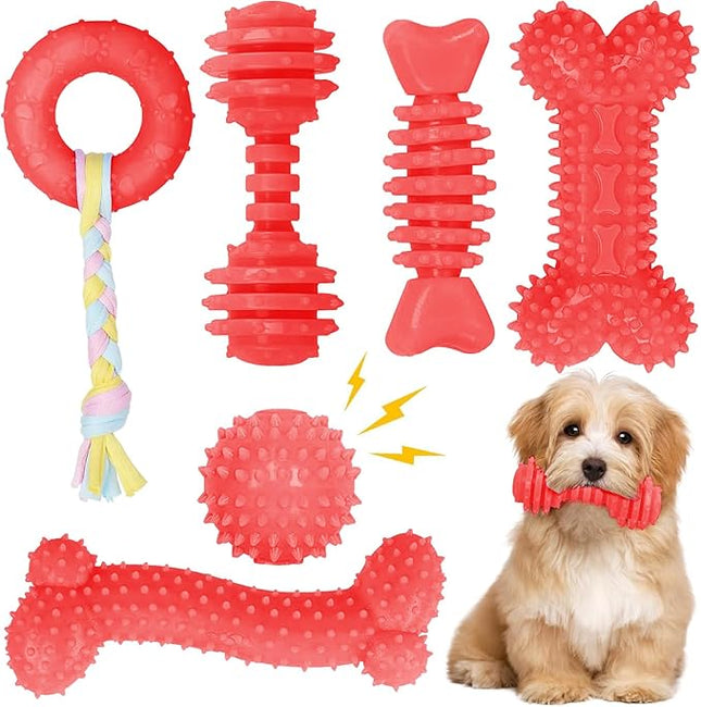 6 Pack Red Dog Chew Toys, Small Dog Teething Toys, Dental Health & Interactive Play