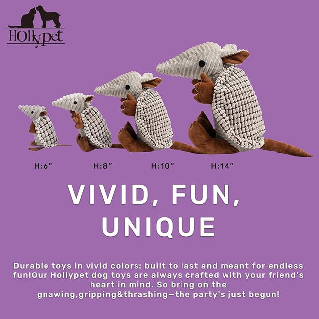 Hollypet Plush Dog Squeaky Toy Stuffed Armadillo Animal Pet Puppy Chew Toys with Clean Teeth for Small Medium Large All Breed Sizes Dogs, Gray, 10 in