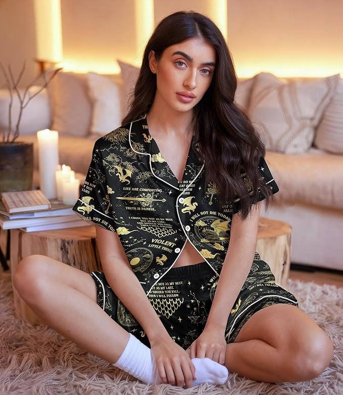 Women’s Silk Satin Pajama Set, Short Sleeve Button Down 2 Piece PJs with Shorts, Cozy Loungewear & Matching Holiday Pajamas