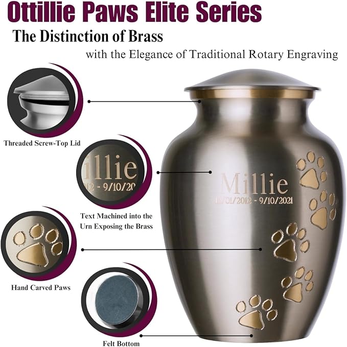 Ottillie Paws Elite Series Personalized Pet Urn for Dogs and Cats - Pet Memorial Urns with Custom Engraving (Brass, Vertical, Pewter, Medium)