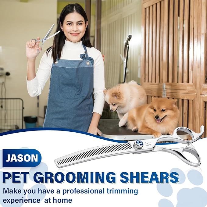 JASON 7" Curved Thinner Dog Scissors - Ergonomic Dog Grooming Scissors Silver Curved Blender Dog Shears 440C Stainless Steel Grooming Shears Professional Pet Shears For Groomer (50-Teeth)