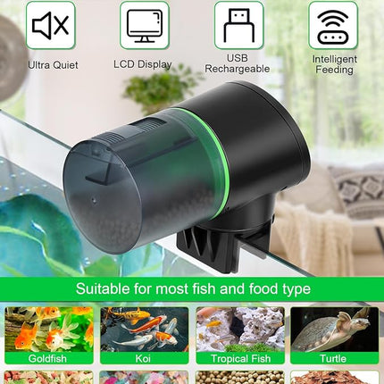 Automatic Fish Feeder for Aquarium - Auto Fish Food Dispenser Rechargeable for Small Large Tank with USB Charger Cable，12/24/48H Interval Esay Set Up (Black, CY-019)
