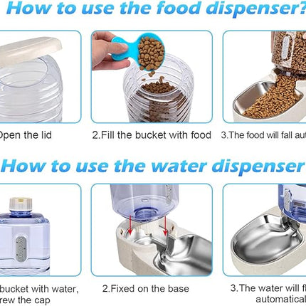 Automatic Cat Feeder and Water Dispenser with Stainless Steel Bowl Gravity Food Feeder and Waterer Set for Small Medium Dog Puppy Kitten 1 Gallon x 2(Beige)