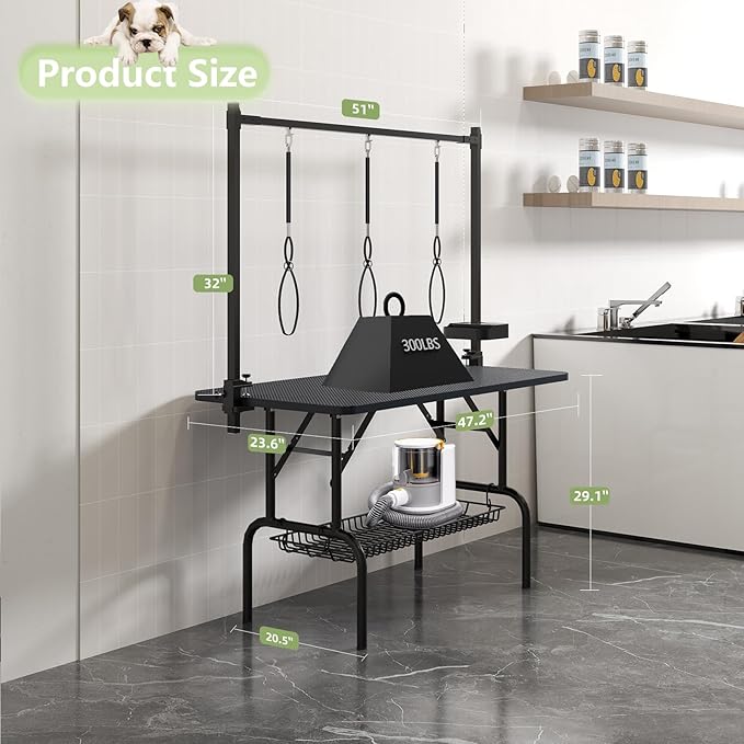VFK 36''/47''Large Dog Grooming Table, Foldable Pet Station at Home, Dog Grooming Table,Adjustable Cat Drying Desktop with Arms, Nooses, Mesh Tray (Basic pet Table, 47" Black)