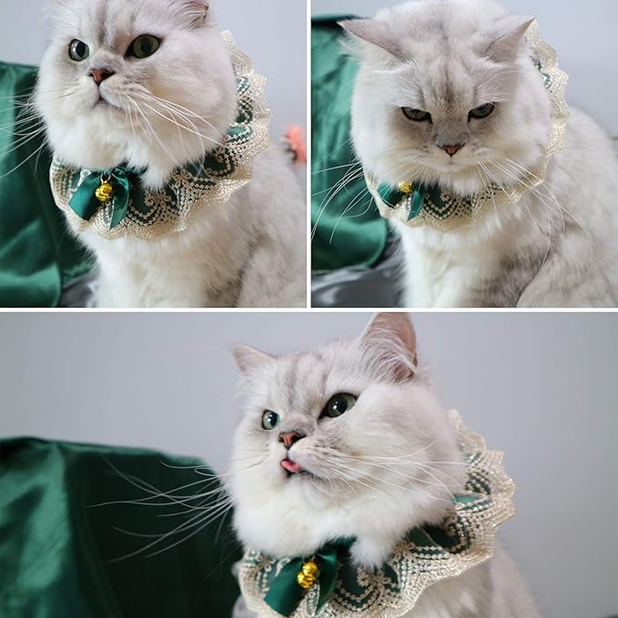 2PCS Dog Cat Collar with Bell Bow Lace Pet Bib Cute Scarfs Necklace Neck Strap for Pet Costume Supplies Dark Green