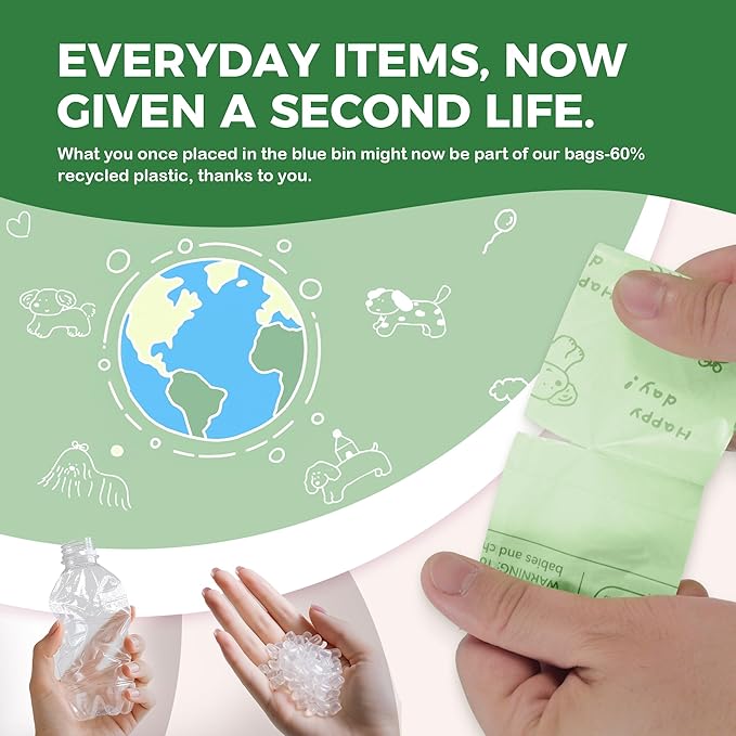 Green Dog Poop Bags - 128 Count, 60% Recycled Plastic Unscented Dog Poop Bags - Easy-Peel Sticker, Leak-Proof, Extra Strong & Thick - Perfect for Diapers, Cat Litter (8 Rolls)