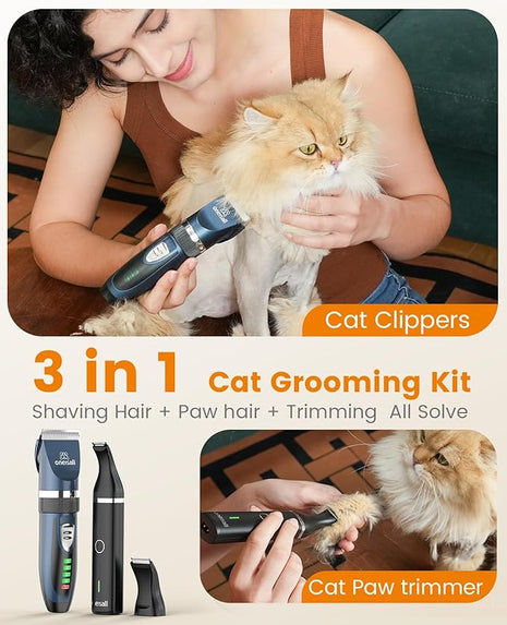 oneisall Cat Clippers and Paw Trimmer 3 in 1 Cat Grooming Kit,Cat Clippers for Matted Hair,Cordless Kitty Shaver for Matted Long Hair,2 Speed Pet Clippers