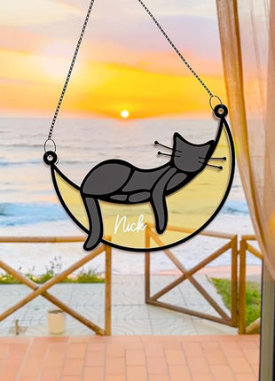 Cat Memorial Suncatcher, Personalized Name Pet Sleeping on Moon Ornament Window Car Hanging, Sympathy Gift for Loss of Pet Passed Away Keepsake, Remembrance Gifts for Cat Lovers