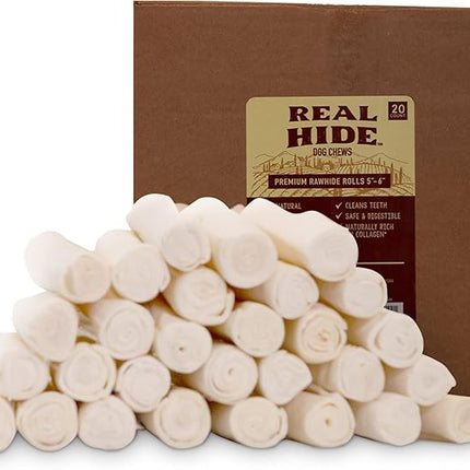 | All Natural Dog Chew Treats - Premium Rawhide Rolls, 9-10 Inch - Long Lasting Grass Fed Free Range Beef Hide - Medium/Large Dogs - 20 Count
