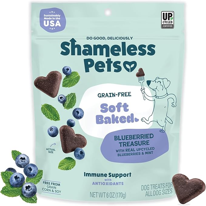 Shameless Pets Soft-Baked Dog Treats, Blueberried Treasure - Natural & Healthy Dog Chews with Mint for Immune Support - Made in USA, Free from Grain, Corn & Soy - 1-Pack