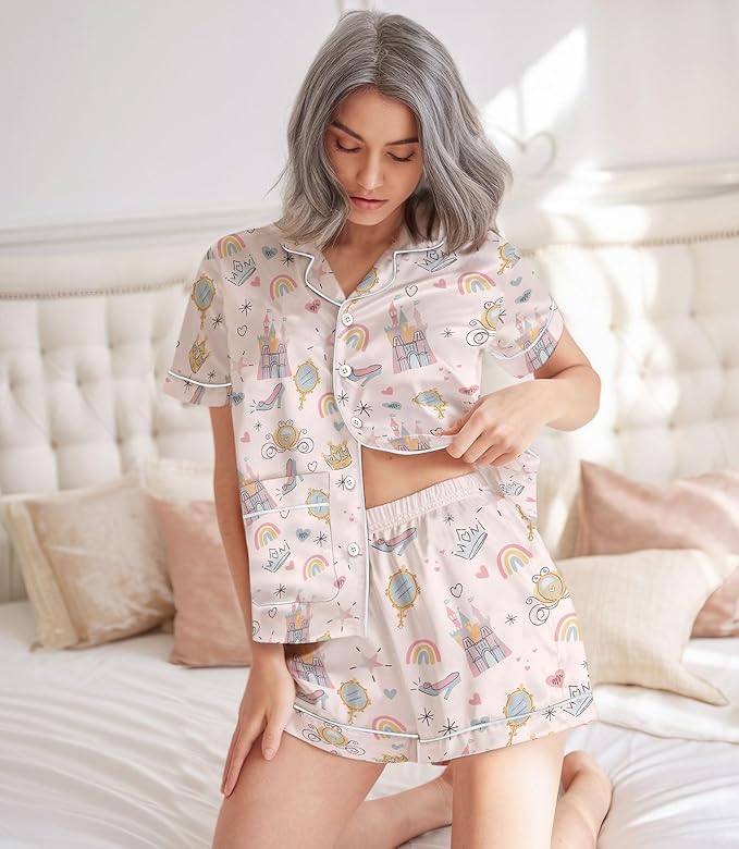 Women’s Silk Satin Pajama Set, Short Sleeve Button Down 2 Piece PJs with Shorts, Cozy Loungewear & Matching Holiday Pajamas