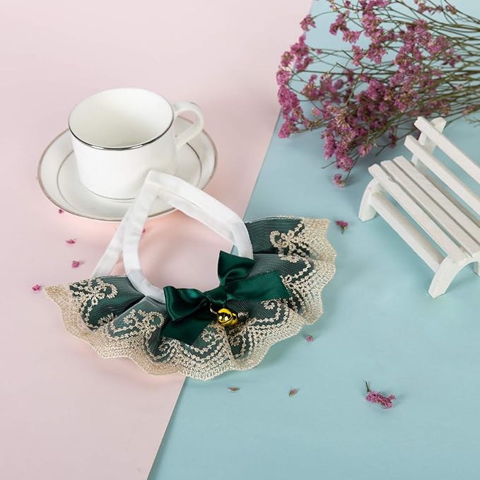 2PCS Dog Cat Collar with Bell Bow Lace Pet Bib Cute Scarfs Necklace Neck Strap for Pet Costume Supplies Dark Green