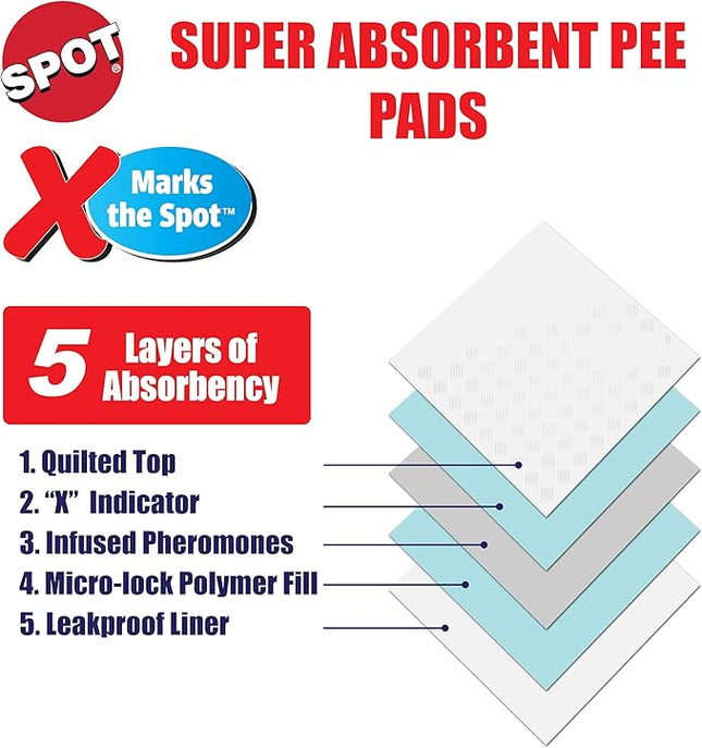 SPOT X Marks The Spot Puppy Training Pads – Extra Absorbent, Adhesive Strips, Pheromone-Enhanced Attractant for Potty Training, 22" x 22", 30-Pack