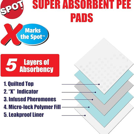 SPOT X Marks The Spot Extra Absorbent Puppy Pads with Adhesive Strips & Pheromones – Attracts Dogs to Center for Training & Potty, 22" x 22", 50-Pack