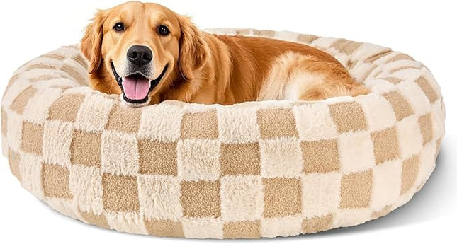 Dog Calming Beds for Small Medium Large Dogs - Round Donut Washable Puppy Dog Bed, Anti-Slip Faux Fur Fluffy Donut Cuddle Anxiety Cat Pet Bed (36" Grid)