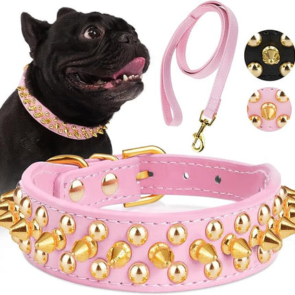 Epesiri Golden Spike Collar for Dogs, Gold Spiked Dog Collar, Durable PU Leather Studded Dog Collar with Leash, Funny Mushrooms Rivet Small Puppy Pet Cat Adjustable Collar, Pink S