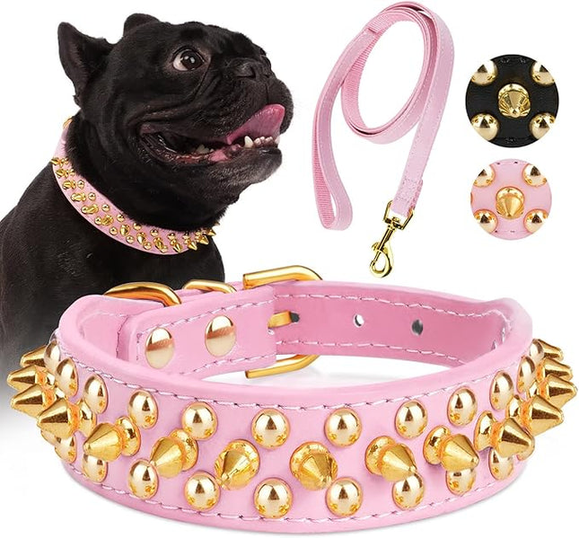 Epesiri Golden Spike Collar for Dogs, Gold Spiked Dog Collar, Durable PU Leather Studded Dog Collar with Leash, Funny Mushrooms Rivet Small Puppy Pet Cat Adjustable Collar, Pink S