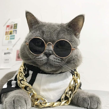 Legendog , 2pcs Fashion Cool Pet Sunglasses Adjustable Pet gold chain Set for Cats and Small Dogs