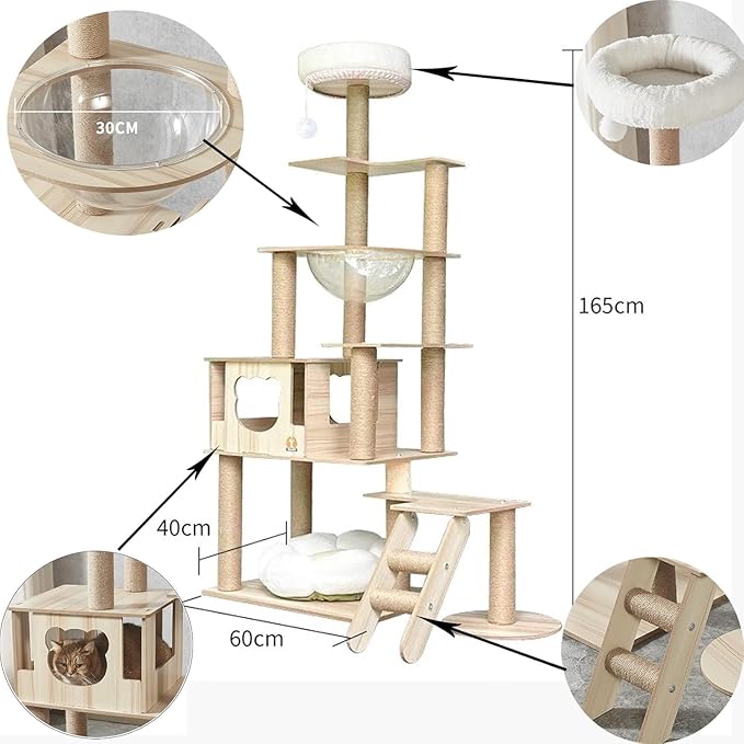 65-Inch Multi-Pure Wood-Level Cat Tree Tower with Condo, 13 Scratching Posts, with Padded Platform Bed, Toy Balls, and Sisal Scratching,Cat Tree for Indoor Cats Large Adult，Wood cat Tree.