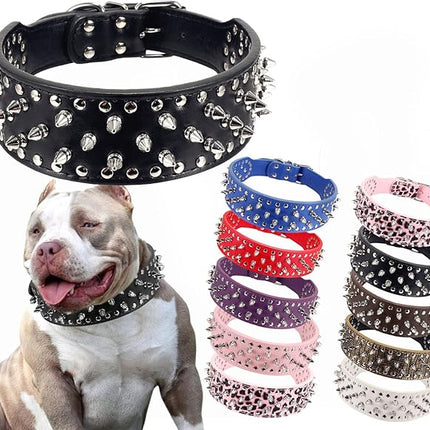 Hoot PU Leather Adjustable Spiked Studded Dog Collar 2" Wide 25 Spikes (XS(Neck 15"-18"), Black)
