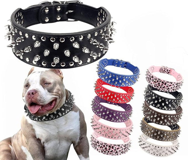 Hoot PU Leather Adjustable Spiked Studded Dog Collar 2" Wide 31 Spikes (S(Neck 17"-20"), Black)
