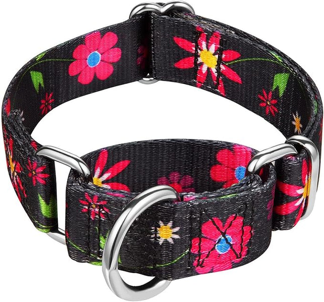Comfortable Floral Print Martingale Dog Collars, Sun Flower, Large, Neck 17 Inch to 25 Inch, Adjustable Dog Collar Heavy Duty