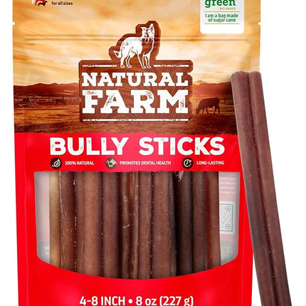 Natural Farm Odor-Free Bully Sticks (4-8”, 8oz) All-Natural Long-Lasting Chews, 100% Beef Pizzle, Grass-Fed, Grain-Free, Hormone-Free, Protein for Muscle Development & Energy, Perfect for Medium Dogs
