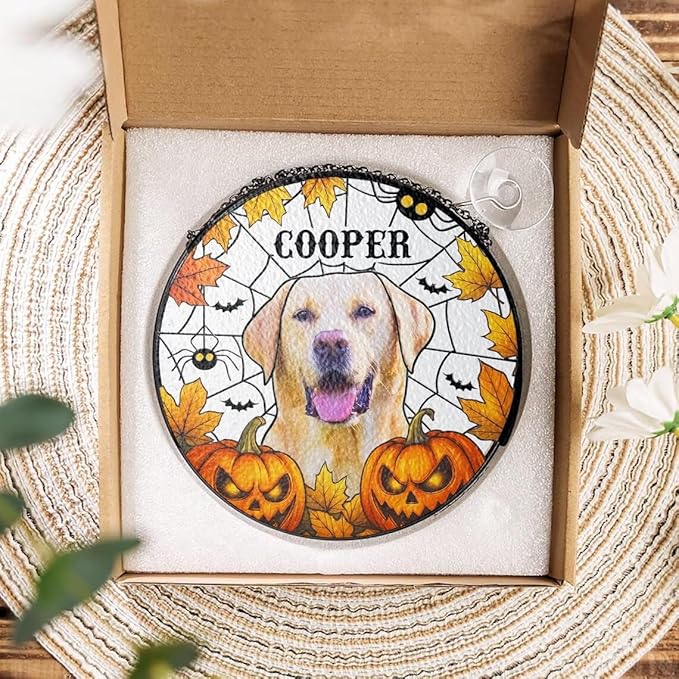 Custom Stained Glass Dog Halloween, Personalized Pumpkin Dog Portrait from Photo, Spooky Dogs Fall Decor, Dogs Witch Halloween, Pet Sympathy Gift, Pet Memorial Decor /20