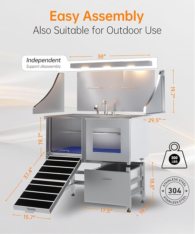 POLIMO Dog Washing Station, LED Professional Stainless Steel Dog Bathing Station 38", Dog Grooming Tub for Large, Medium & Small Dog - with Window, Ramp, Drawer, Floor Grate & Faucet (Left RAMP, 38")