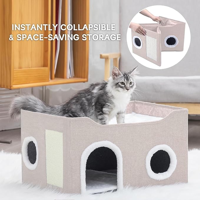 Cat House for Indoor Cats – Foldable Cat Cave & Covered Cat Bed, Cozy Hideaway for Small Pets and Large Cats (23.6"x16"x12.8"),Beige