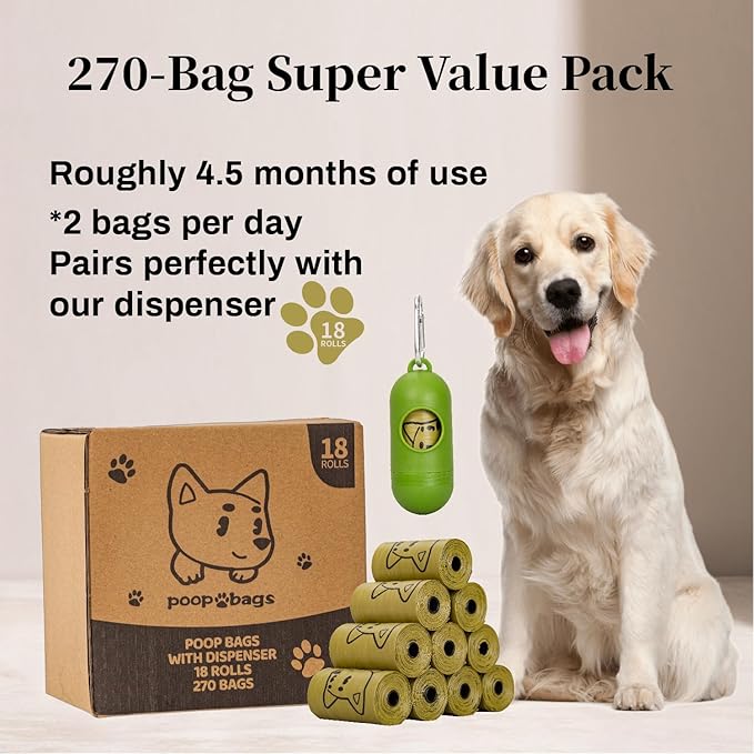 270 Counts Dog Poop Bags Rolls with Dispenser & Leash Clip, Scented Poop Bags for Dogs Waste, Extra Thick & Leak Proof for Poop Doggie Puppy Pet Waste, 9" x 13", Dark Khaki