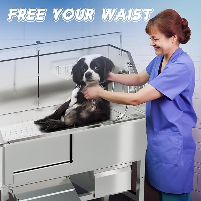 Dog Washing Station for Home,46" Stainless Steel Dog Bathing Station Height Adjustable Dog Washing Station for Home Dog Grooming Tub Ramp, Drawer, Floor Grate & Fauct