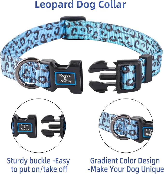 Roses&Poetry Dog Collars for Medium Dogs, Leopard Print Puppy Collar Adjustable Nylon Pet Collar Durable Reflective for Small Medium Large Dogs(Azure-Leopard M)