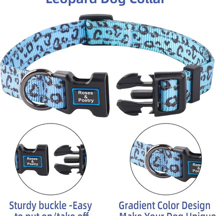 Roses&Poetry Small Dog Collar, Cute Leopard Style Adjustable Reflective Puppy Collars Durable Pet Collars for Small Medium Large Dogs(Azure-Leopard S)