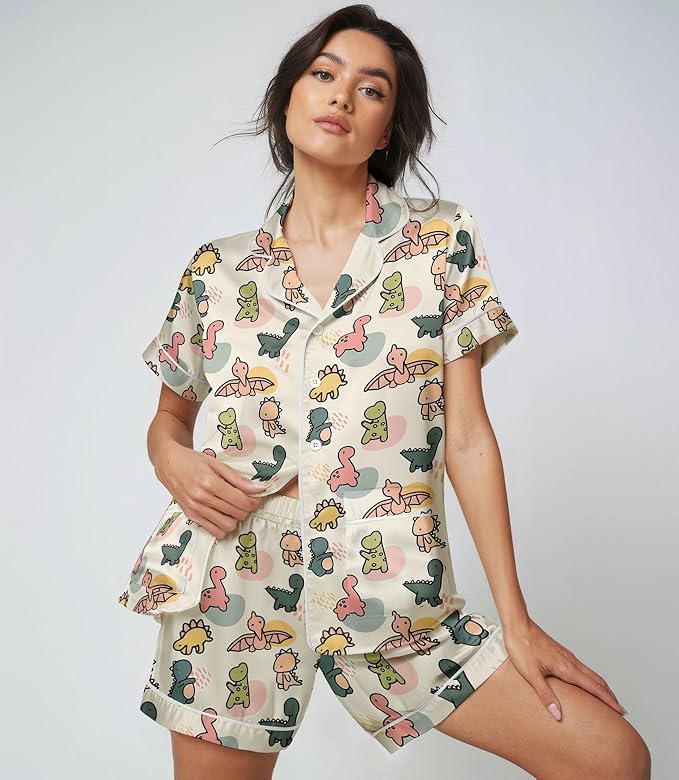 Women’s Silk Satin Pajama Set, Short Sleeve Button Down 2 Piece PJs with Shorts, Cozy Loungewear & Matching Holiday Pajamas