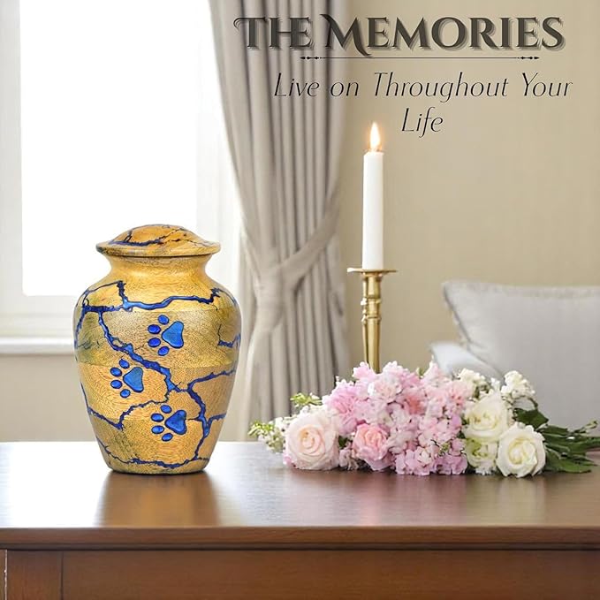 Pet Cremation Urn for Ashes with Epoxy Resin Paw Prints – Handcrafted Memorial Keepsake for Dogs & Cats – Decorative Pet Loss Tribute with Secure Lid