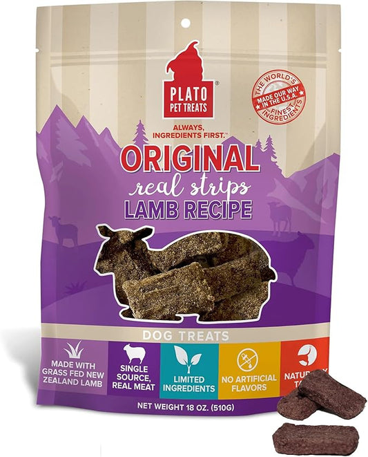 PLATO Pet Treats Real Strips - Air-Dried Meat Bars for Dogs - Delicious, Limited Ingredient Dog Treats - Grain Free - Original Real Strips Lamb 6oz