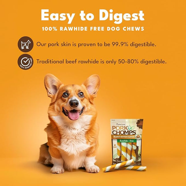 Pork Chomps Baked Pork Skin Dog Chew, 6-inch Twists, Peanut Butter Wrap, 4 Count (Pack of 2)