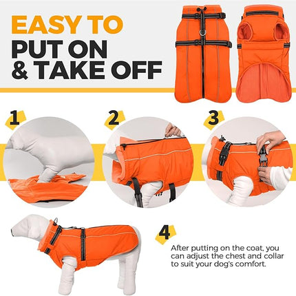 Lelepet Dog Winter Coat Waterproof Dog Jacket with Harness Built in Windproof Reflective Cold Weather Coats for Small Medium Large Dogs, Thermal Fleece Lined Coats for Walking Camping, Orange, XS