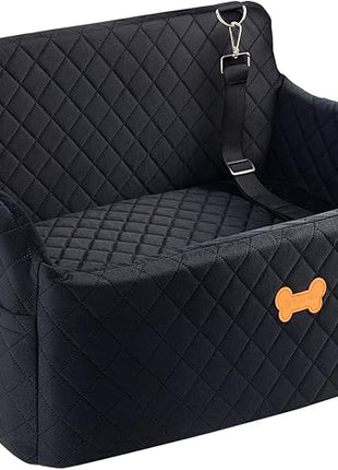 Car Seat for Large Size Dog, Booster Seat for Dogs Under 55 lbs or 2 Small Dogs, Soft Car Dog Bed Filling in Thick Memory Foam with 2 Safety Leashes and Storage Pocket (Black)
